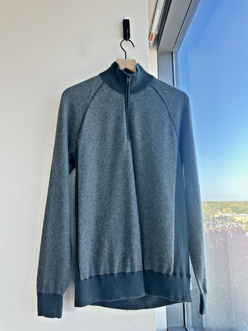 Vince Men's Blue Wool Cashmere Bird's Eye Half Zip Sweater Sz M